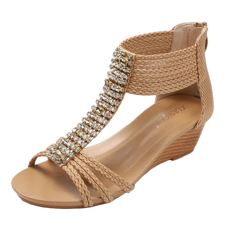 women's wedge sandals in beige with rhinestone accent for summer outings
