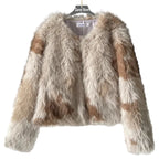 Women's faux fur winter jacket coat in beige and brown hues