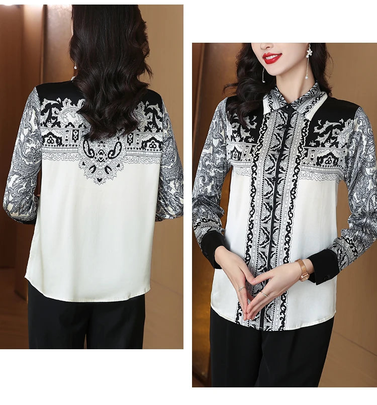 Women's black and white blouse, silk blend, stylish for casual outings