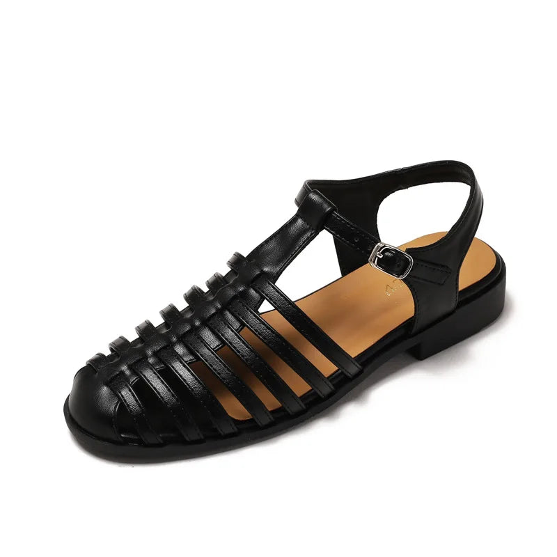 women-sandals black leather strappy design for casual wear