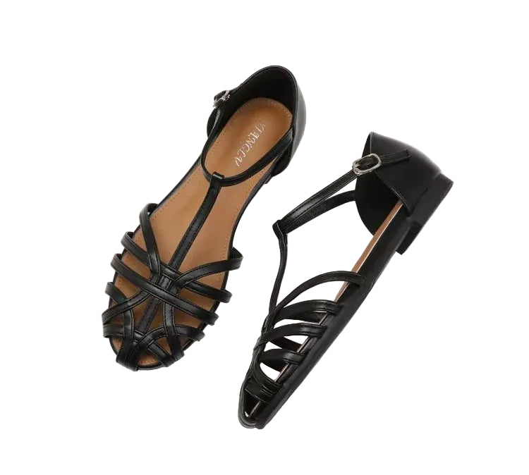 Women's black strappy sandals, faux leather, casual summer wear