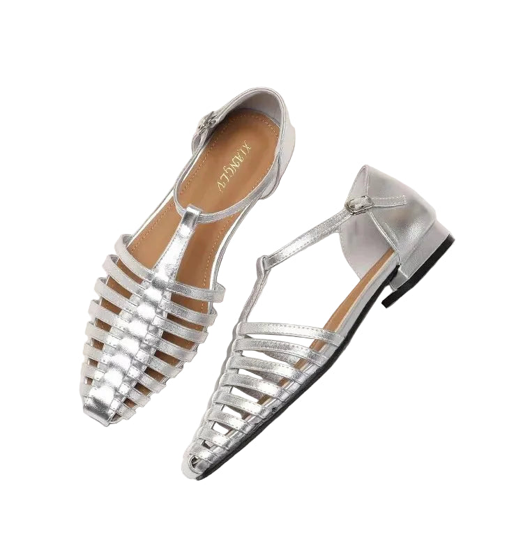 Women's silver sandals with strappy design, perfect for summer outings