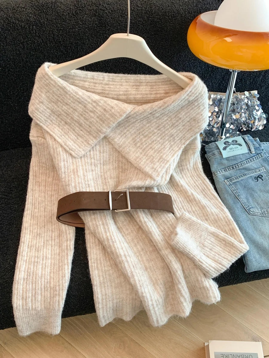 Womens soft sweater with belt in beige, perfect for casual wear