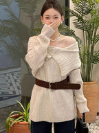 womens soft sweater with belt in cream, perfect for stylish casual wear