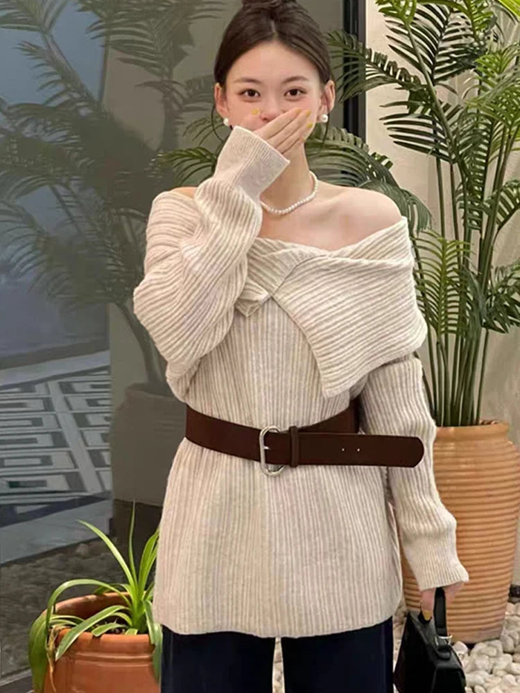 womens soft sweater with belt in cream, perfect for stylish casual wear