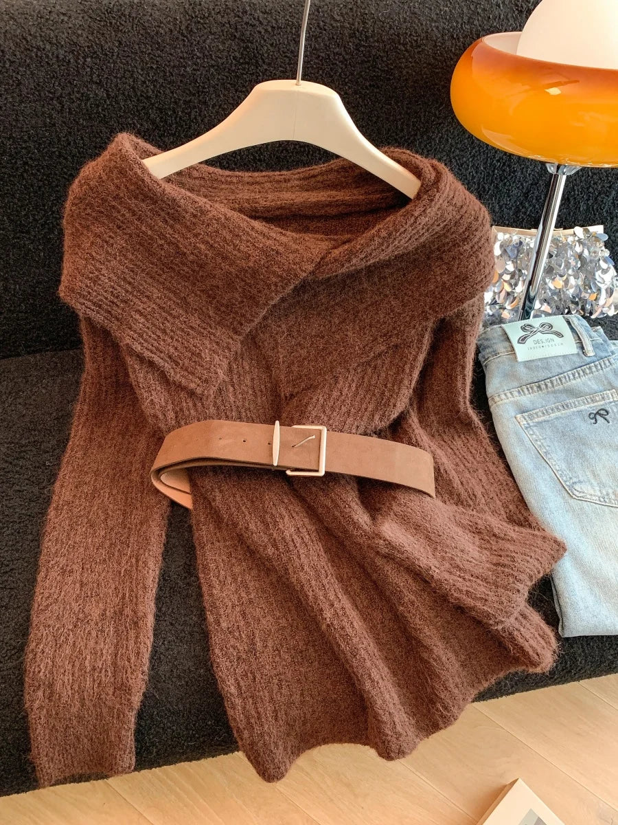 womens soft sweater with belt in brown, perfect for casual outings