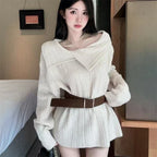 Womens soft sweater with belt in cream, perfect for casual outings