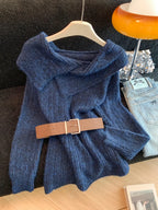 Womens soft sweater with belt in navy blue for cozy wear