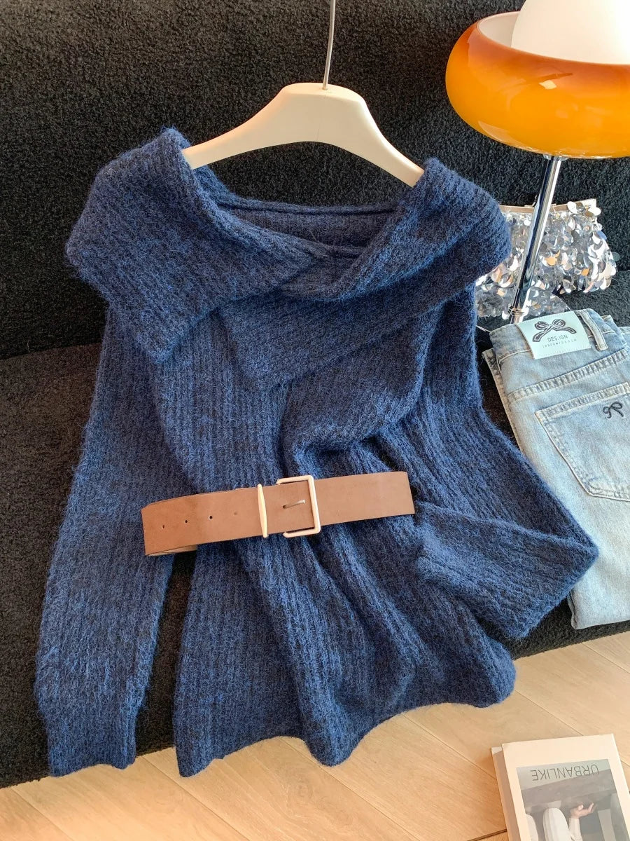 Womens soft sweater with belt in navy blue for cozy wear