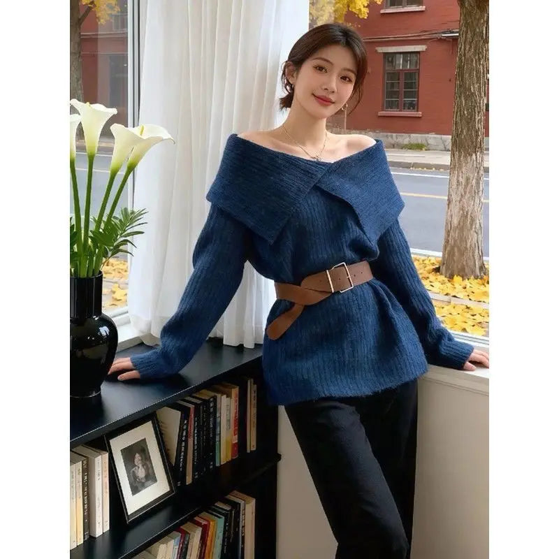 Womens soft sweater with belt in navy, perfect for casual wear