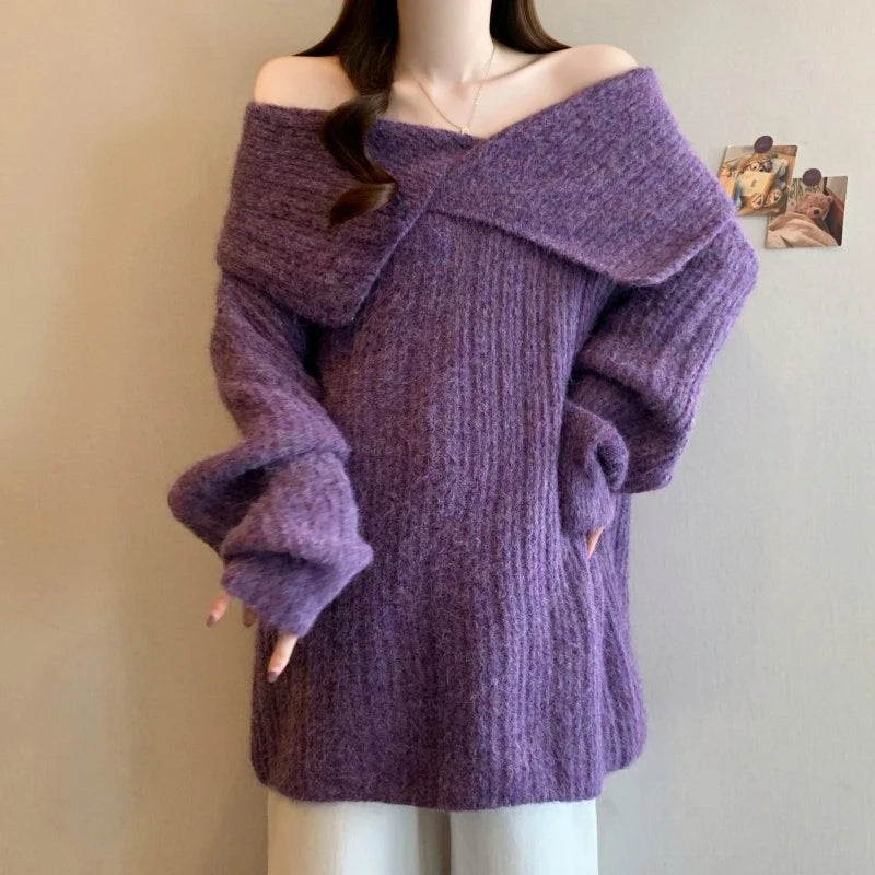 Womens soft sweater with belt in purple, perfect for cozy casual wear