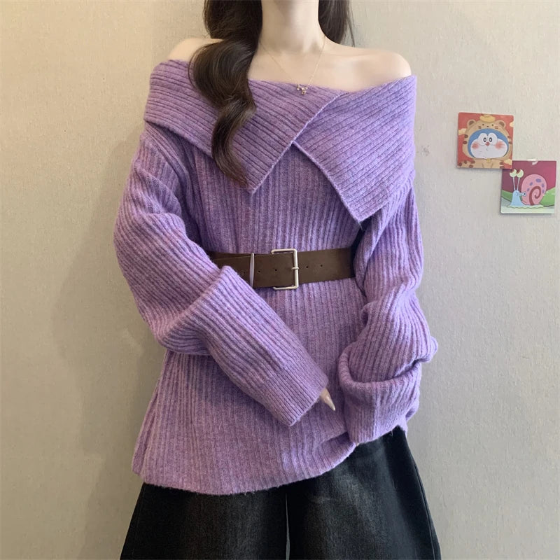 Womens soft sweater with belt in purple, perfect for casual outings