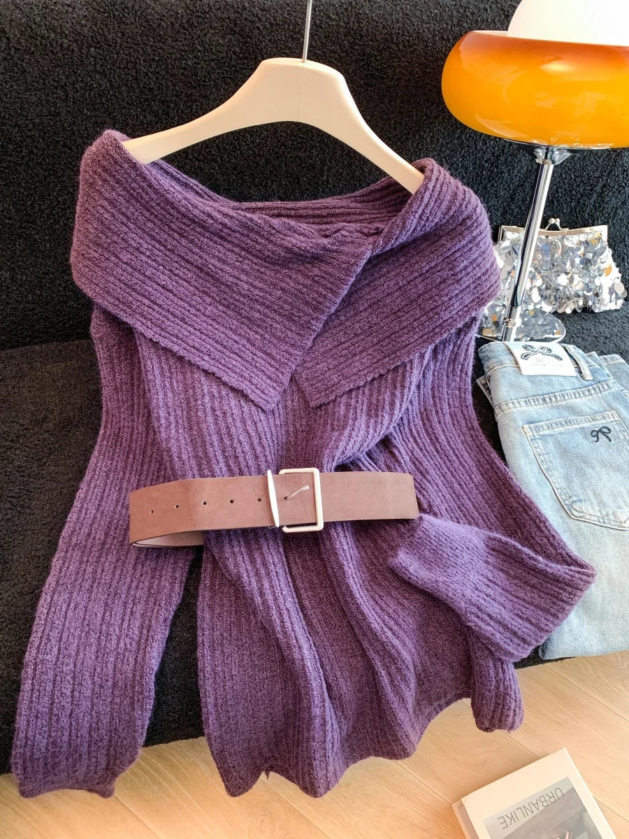 Womens soft sweater with belt in purple, cozy knit for casual wear