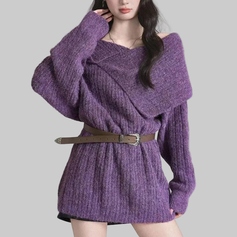 womens soft sweater with belt in purple, cozy and stylish for casual wear