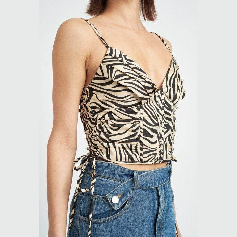 Zebra Print Ruched Corset Top - VacationGrabs