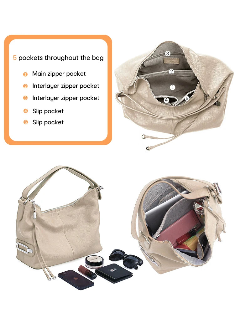 Beige leather coach purse shoulder bag with multiple pockets for organization
