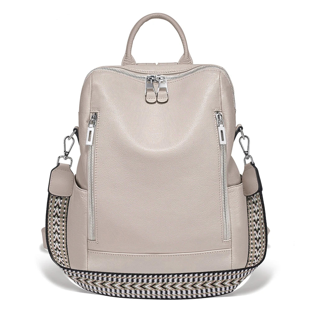 Beige leather travel bag with stylish striped strap for convenience