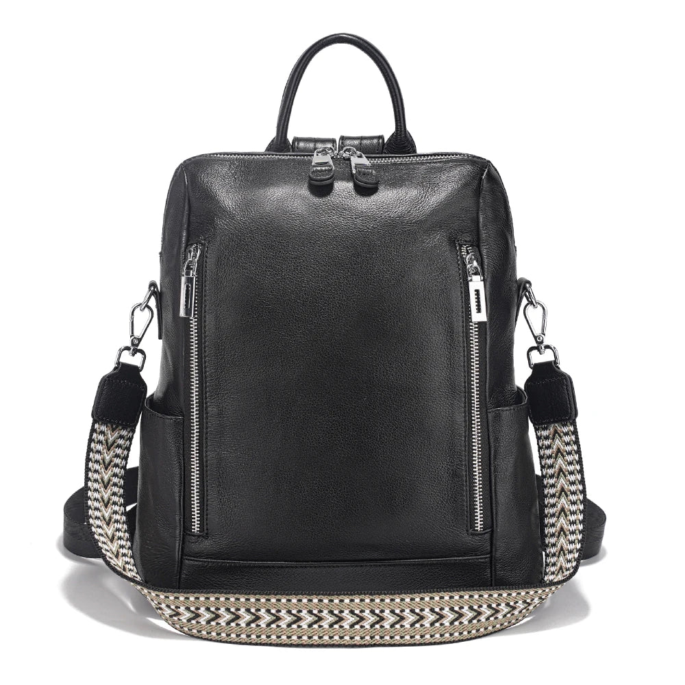 Black leather travel bag with patterned shoulder strap for stylish trips