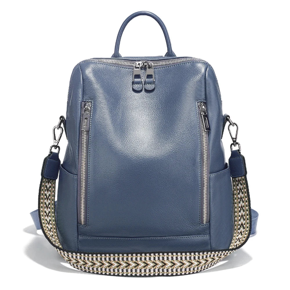 Blue leather travel bag with stylish braided strap for easy carrying