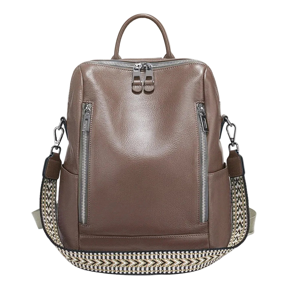 Brown leather travel bag with woven strap for versatile use