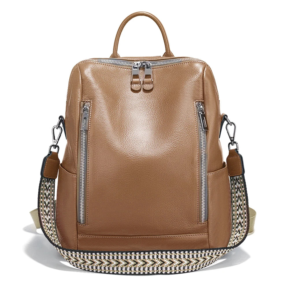 Tan leather travel bag with adjustable strap and dual zip pockets