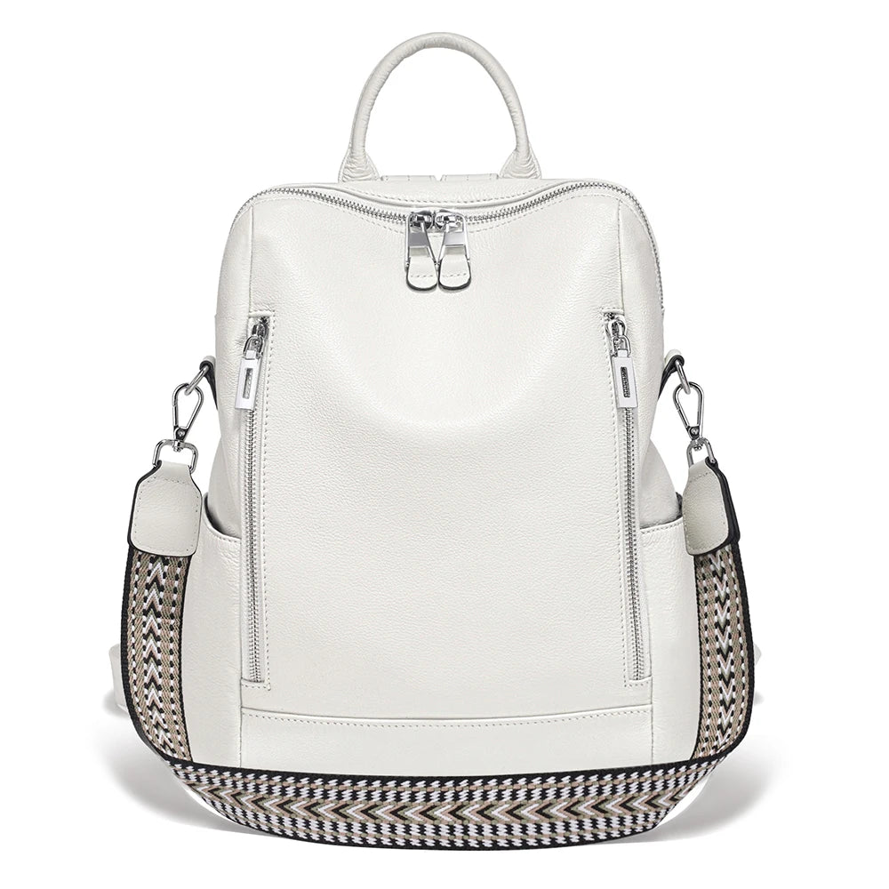 White leather travel bag with stylish zigzag strap for easy carrying