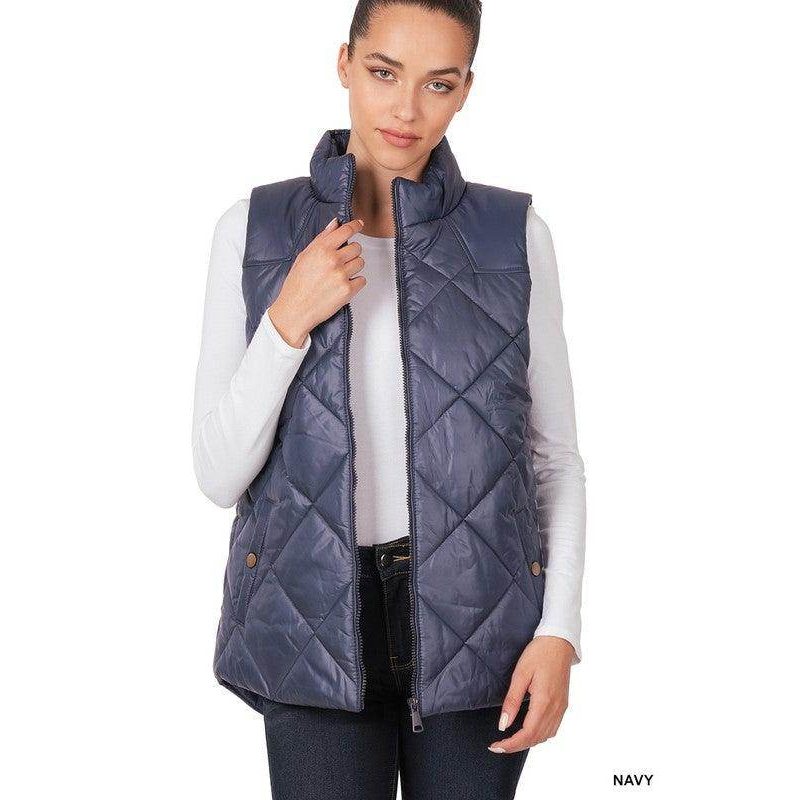 Navy zip front lightweight vest by ZENANA featuring a quilted design and stand-up collar