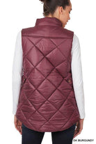 ZENANA zip front lightweight vest in dark burgundy with a quilted design and a stylish back view