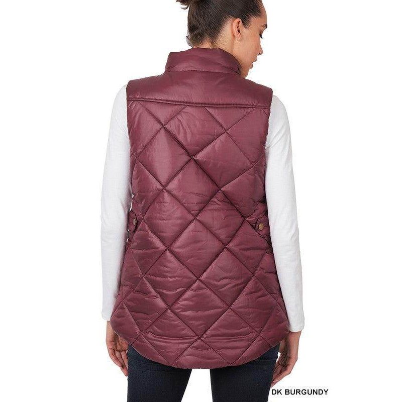 ZENANA zip front lightweight vest in dark burgundy with a quilted design and a stylish back view