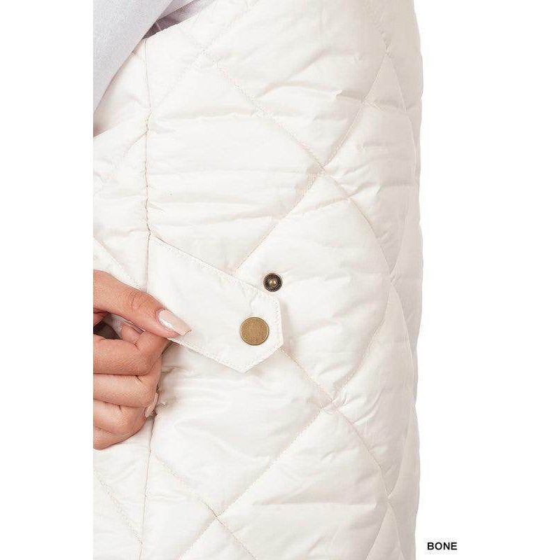 ZENANA zip front lightweight vest in bone color featuring a quilted design and snap button detail