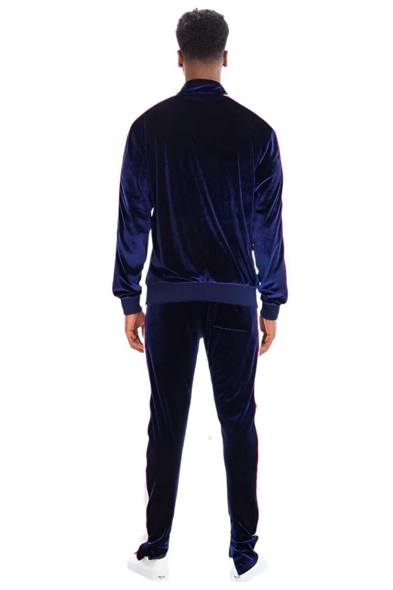 Men's 2PC Track Sets featuring a zip front velour jacket and matching pants in navy blue