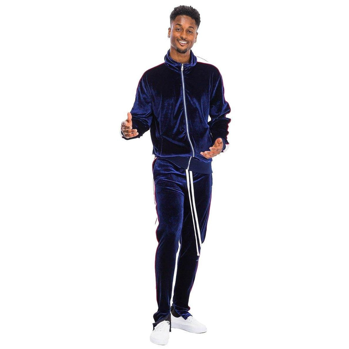 Men's 2PC Track Set with zip front velour jacket pants in navy, perfect for casual outings and lounging