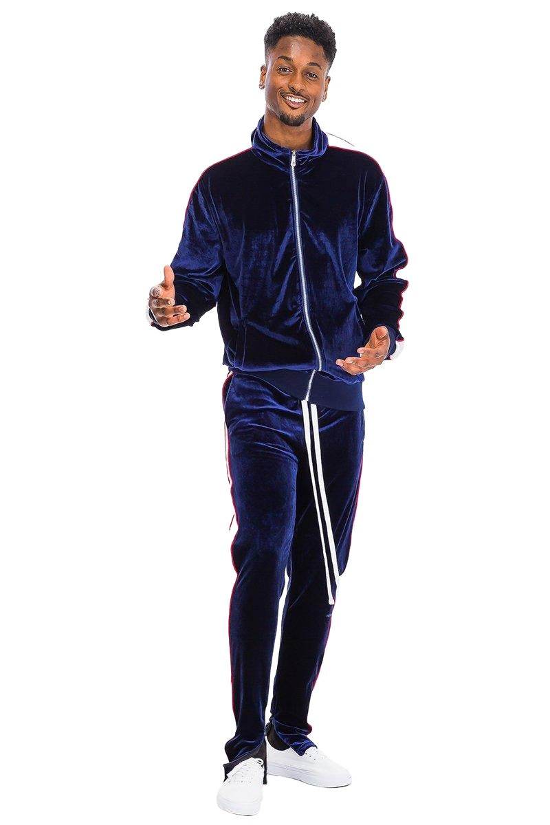 Men's 2PC Track Set with zip front velour jacket pants in navy, perfect for casual outings and lounging