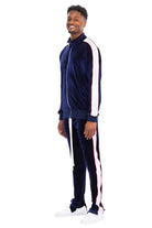 Men's 2PC Track Set featuring zip front velour jacket and matching pants in navy blue with white stripes