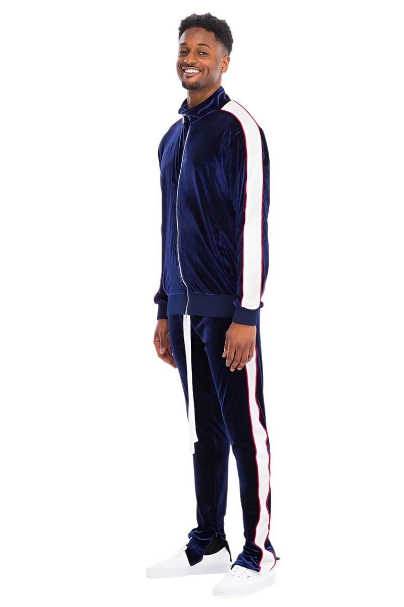 Men's 2PC Track Set featuring zip front velour jacket and matching pants in navy blue with white stripes