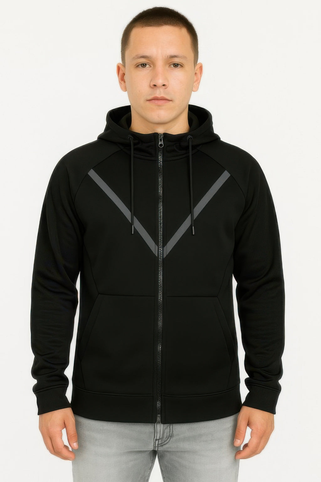 Men's black zip-up hoodie made from soft fabric for casual wear