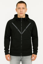 Men's black zip-up hoodie made from soft fabric for casual wear