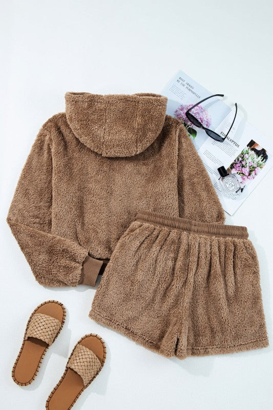 women's zip-up hoodie and shorts set in soft brown for casual wear