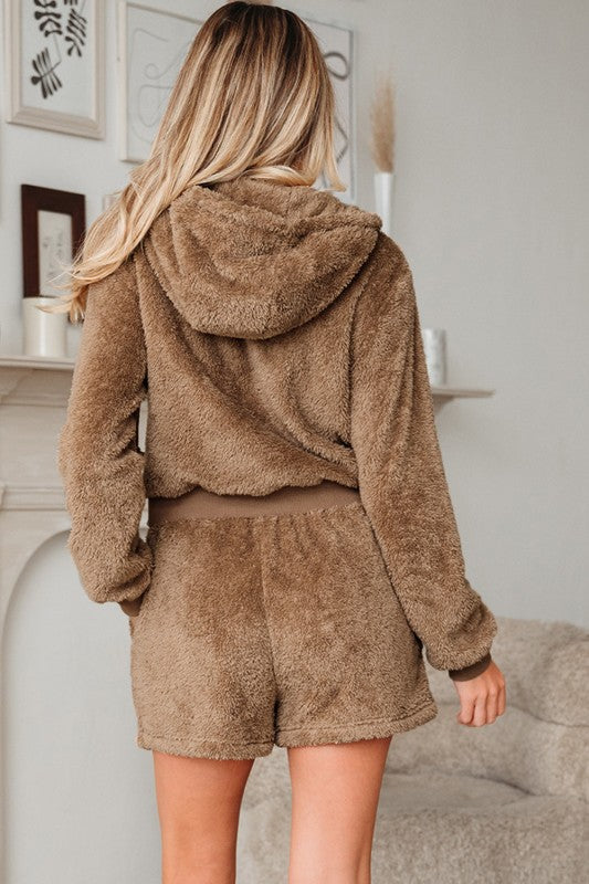 Women's brown zip-up hoodie set, cozy fleece for casual wear