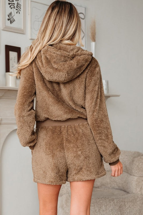 Women's brown zip-up hoodie set, cozy fleece for casual wear