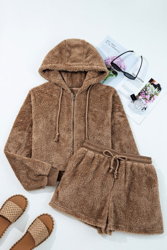 Women's brown zip-up hoodie and shorts set, cozy lounge wear