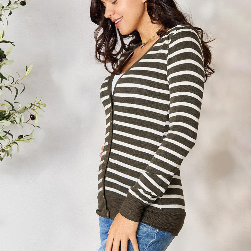 Women's Sweaters - Cardigans Zenana Full Size Striped Snap Down Cardigan