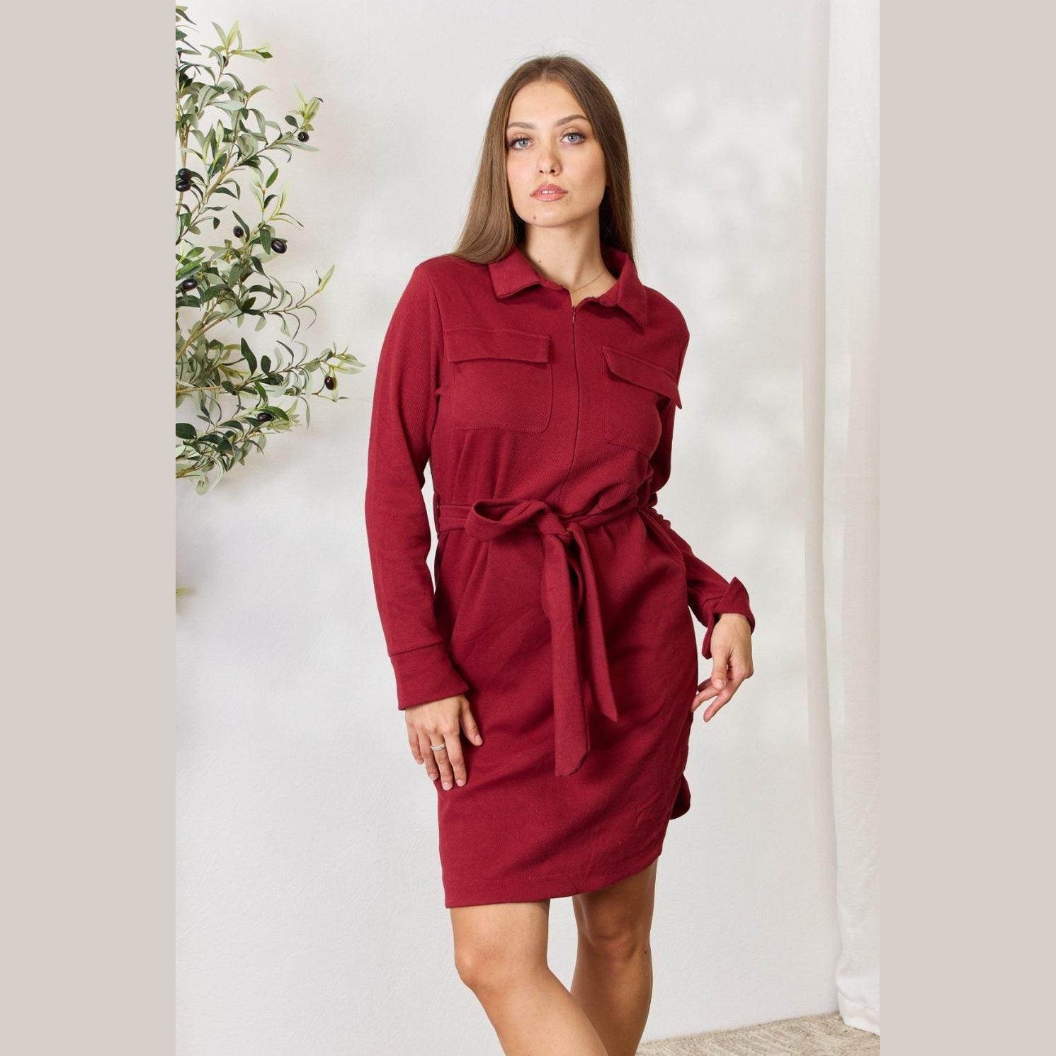 Culture Code Full Size Tie Front Half Zip Long Sleeve Shirt - VacationGrabs