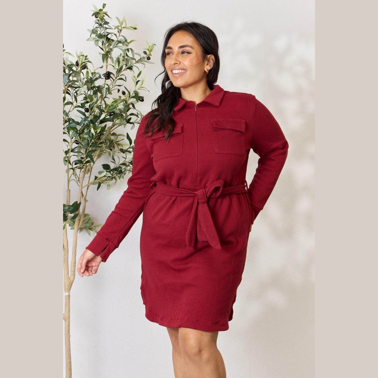 Culture Code Full Size Tie Front Half Zip Long Sleeve Shirt - VacationGrabs