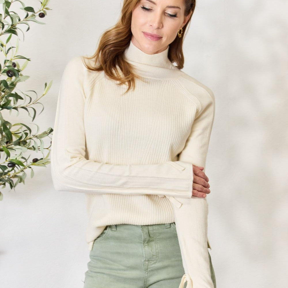 Women's Shirts Heimish Full Size Ribbed Bow Detail Long Sleeve Turtleneck Knit Top