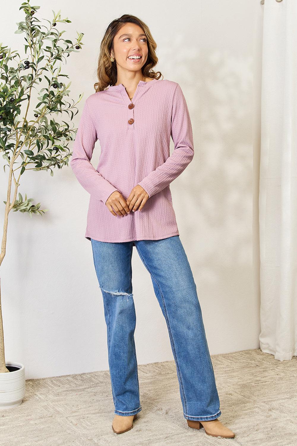 Women's Shirts Celeste Full Size Texture Half Button Long Sleeve Blouse
