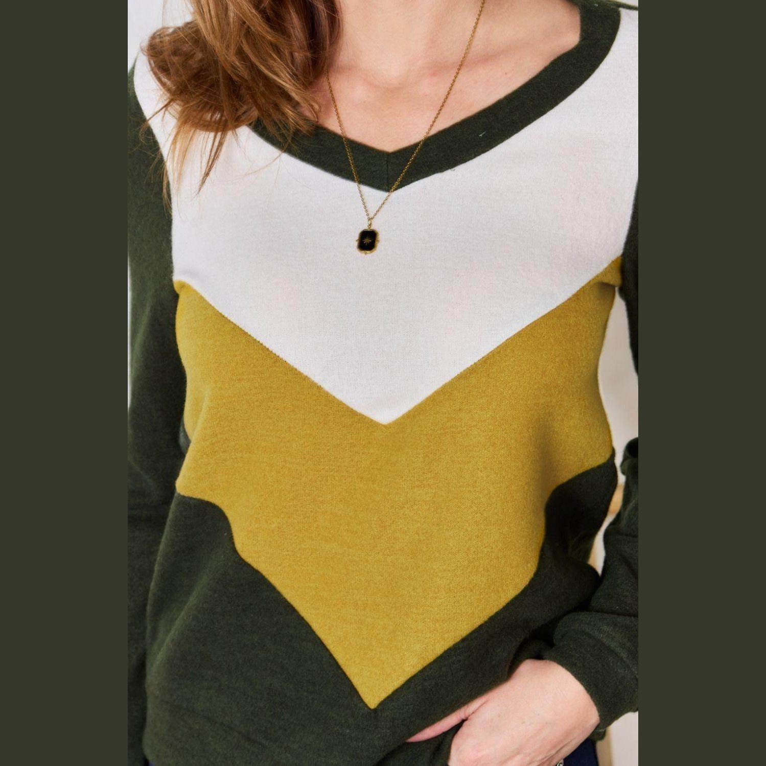 Hailey & Co Full Size Colorblock V-Neck Blouse - VacationGrabs