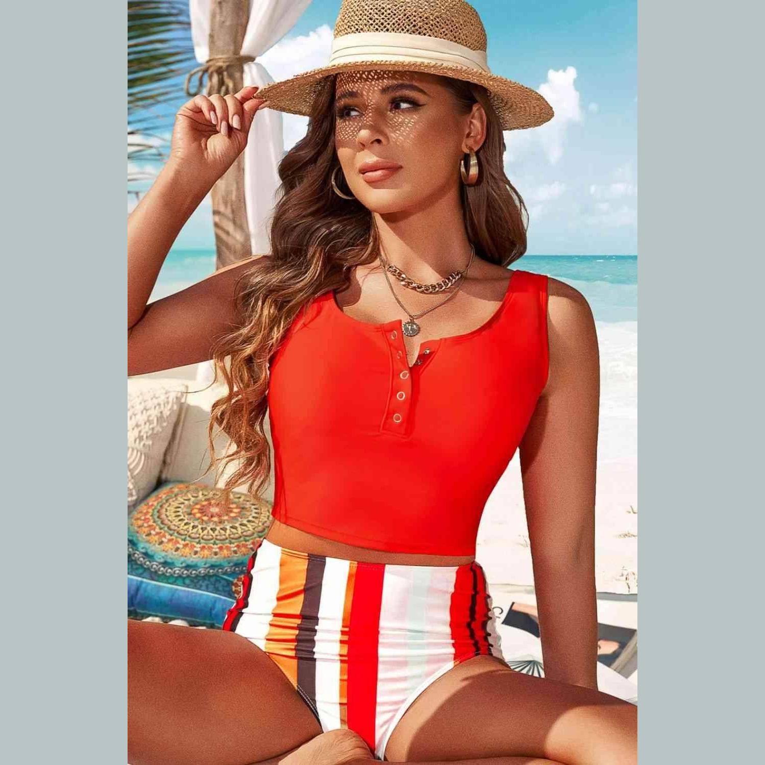 Half Snap Square Neck Tankini Set - VacationGrabs