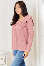 Double Take Square Neck Ruffle Shoulder Long Sleeve T-Shirt - VacationGrabs