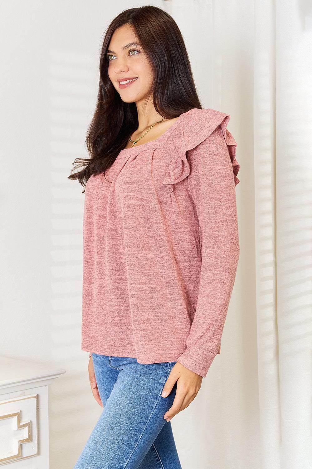 Double Take Square Neck Ruffle Shoulder Long Sleeve T-Shirt - VacationGrabs